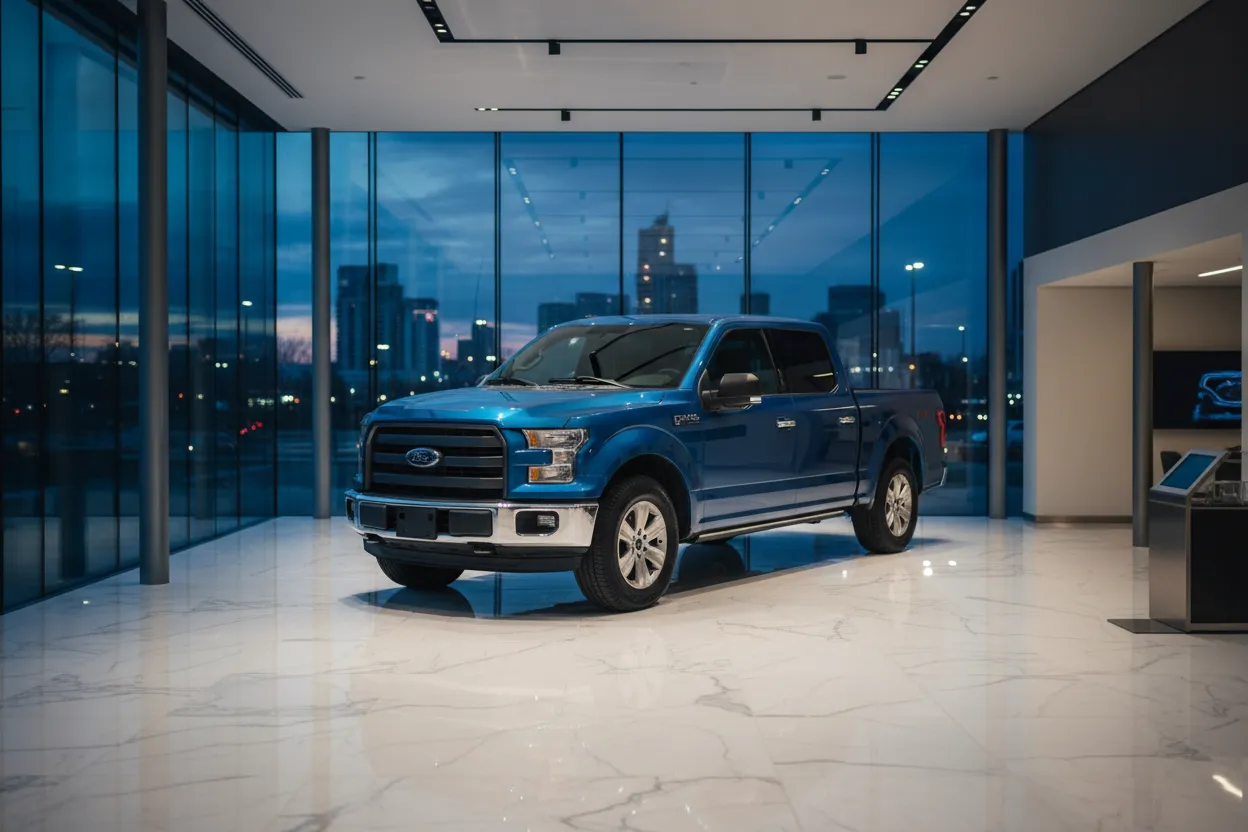 A vehicle in a branded LotShot showroom