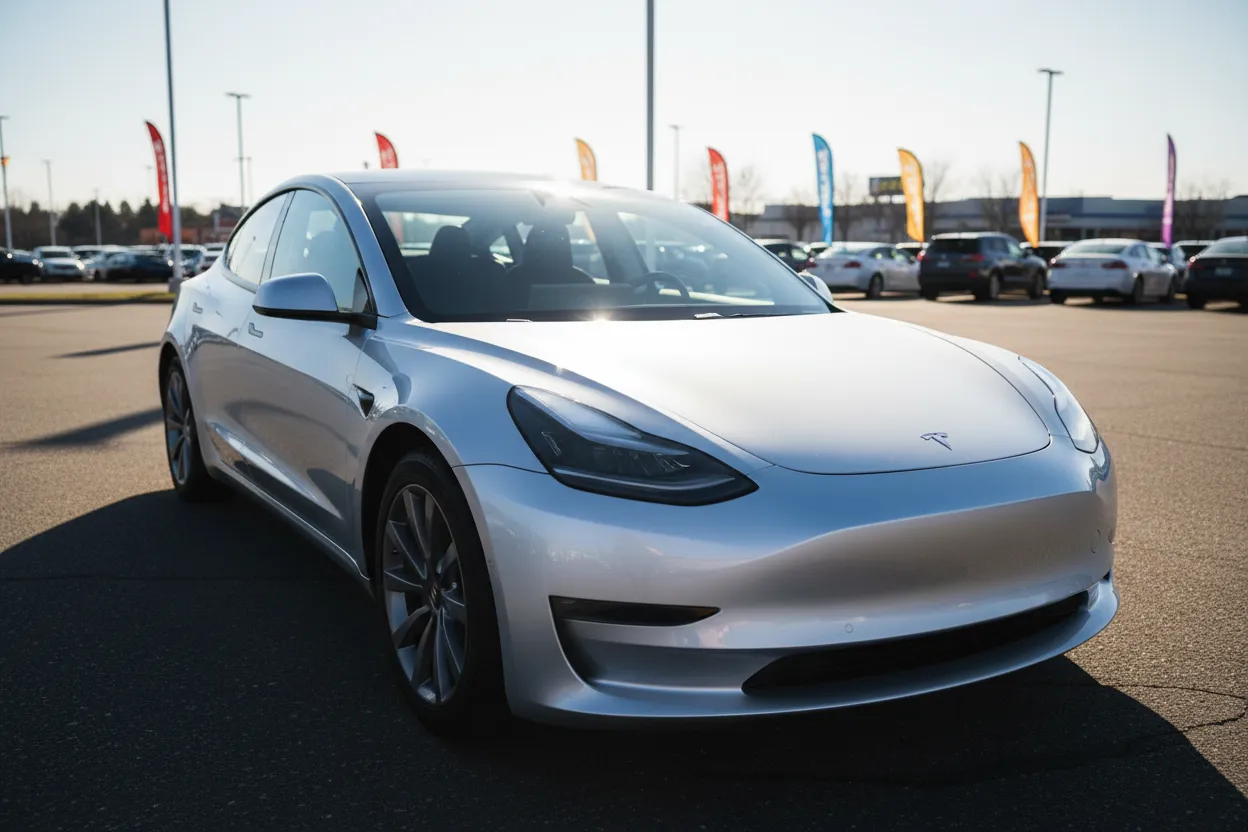 Phone photo of a car in a dealership lot